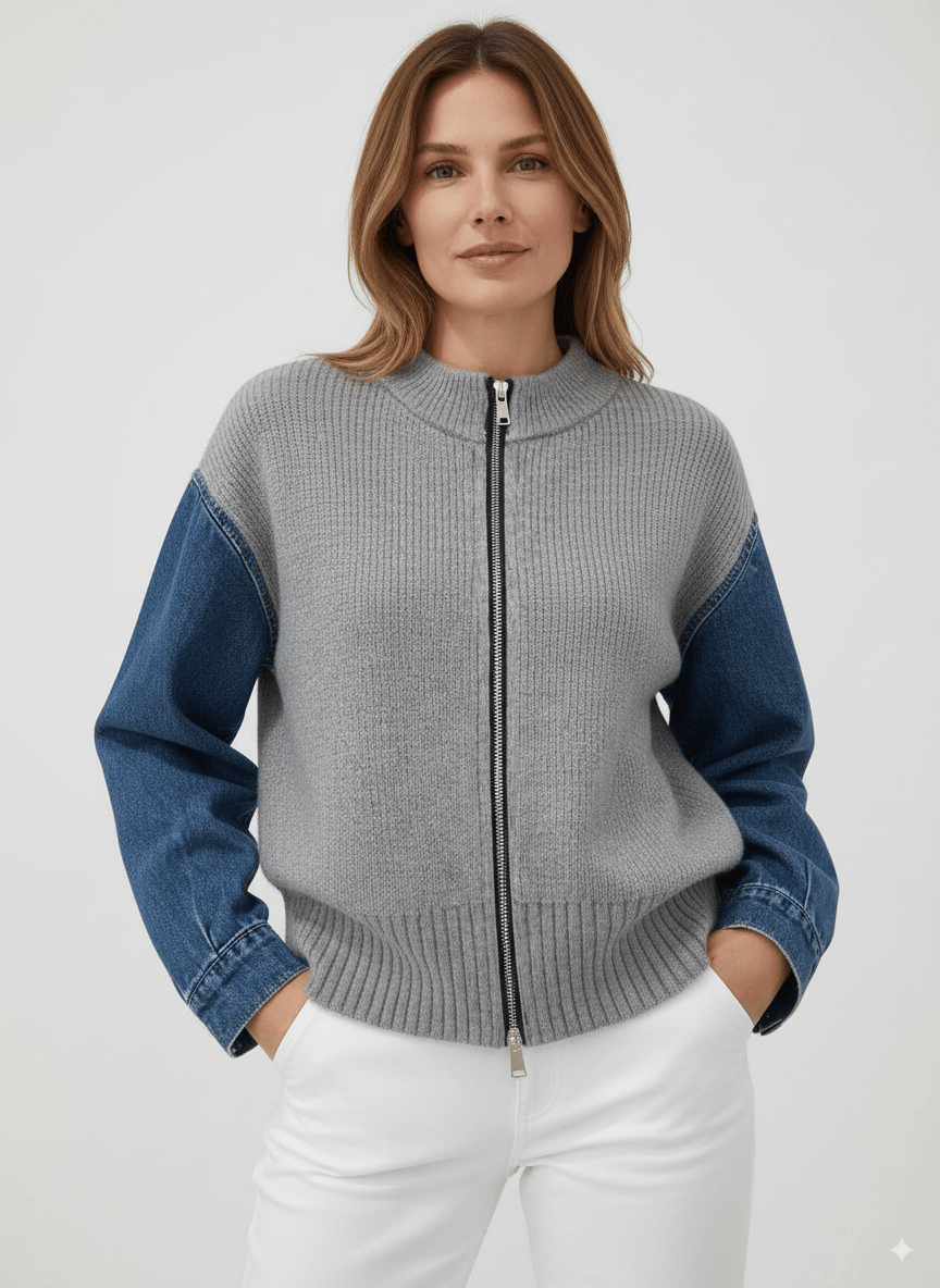 Women'S Casual Zipper Knitted Sweater Denim Splicing Cardigan Jacket