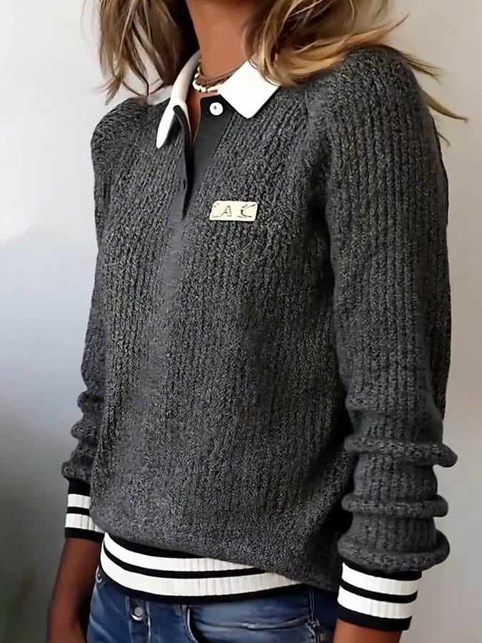 Women'S Contrast Lapel Long-Sleeved Knitted Sweater