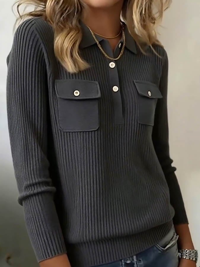 Women'S Solid Color Lapel Long Sleeve Knitted Sweater