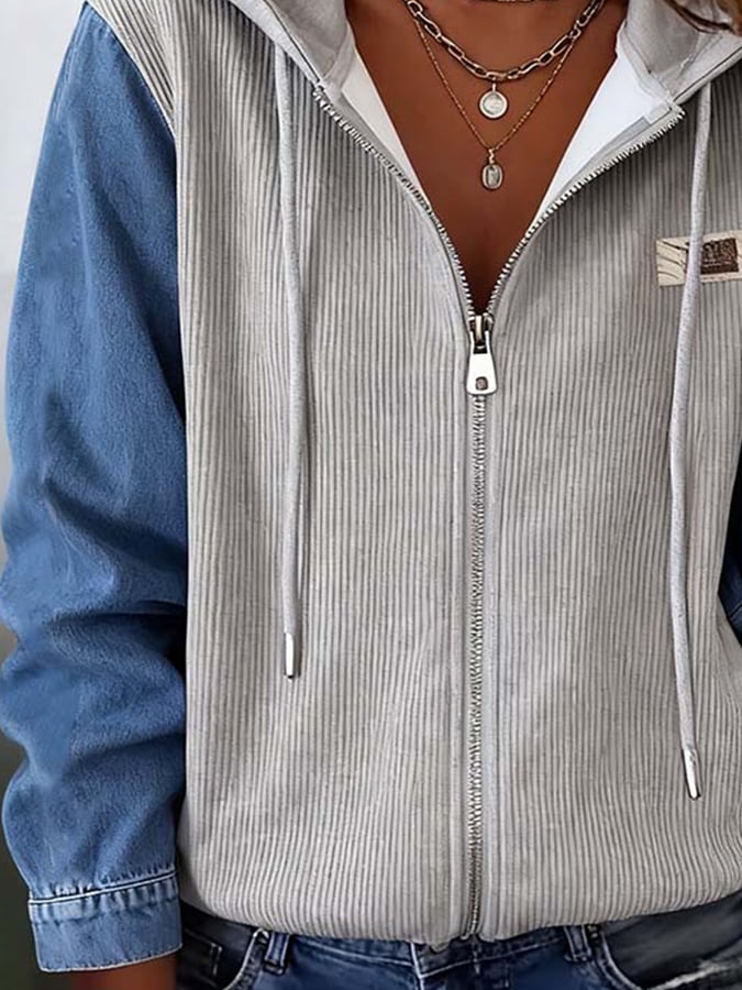 Women'S Casual Zipper Knitted Sweater Denim Splicing Cardigan Jacket