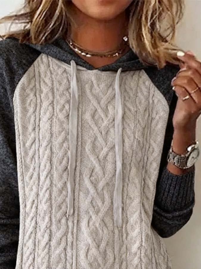 Women'S Casual Pullover Stitching Knitted Sweater Hooded Sweatshirt