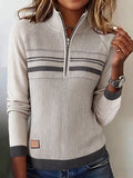 Women's Contrast Color Half Zip Long Sleeve Sweater