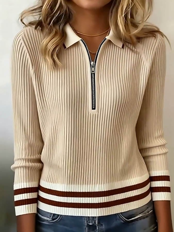Women's Striped Print Lapel Long Sleeve Knitted Sweater