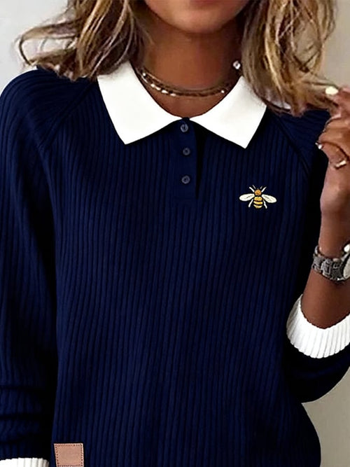 Women's Casual Lapel Contrast Color Long Sleeve Sweater