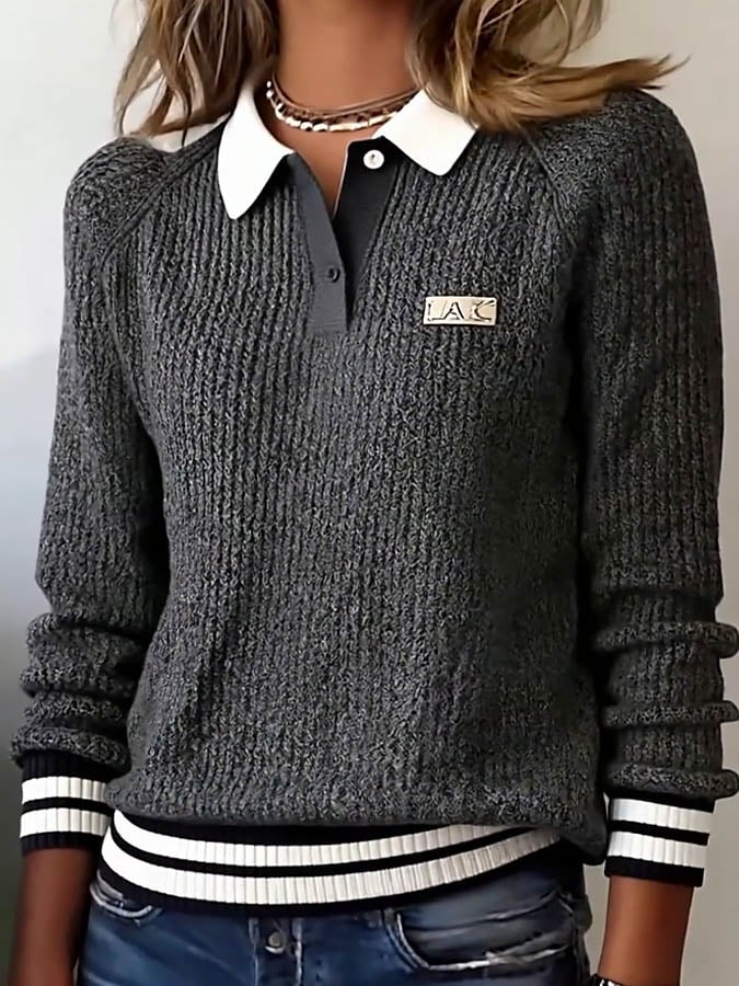 Women'S Contrast Lapel Long-Sleeved Knitted Sweater