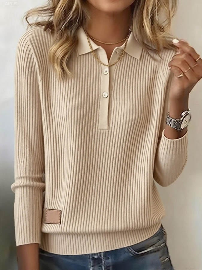 Women'S Solid Color Lapel Long Sleeve Knitted Sweater