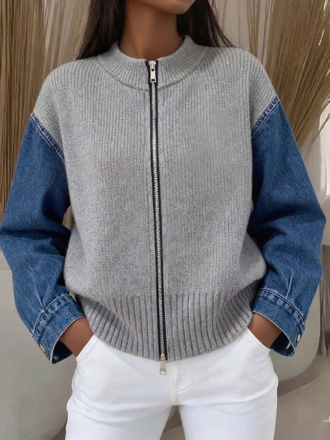 Women'S Casual Zipper Knitted Sweater Denim Splicing Cardigan Jacket