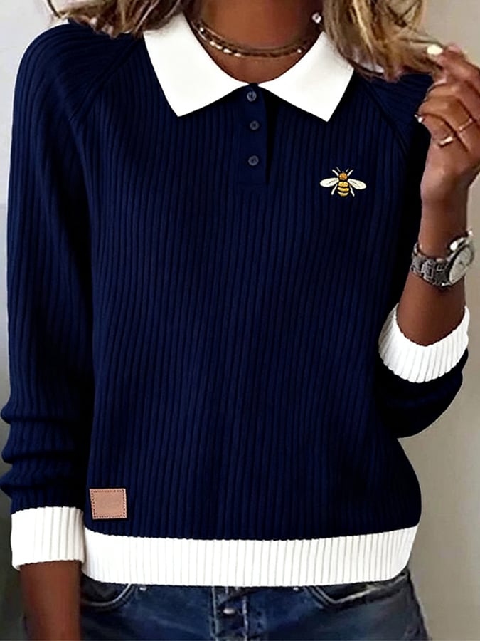 Women's Casual Lapel Contrast Color Long Sleeve Sweater