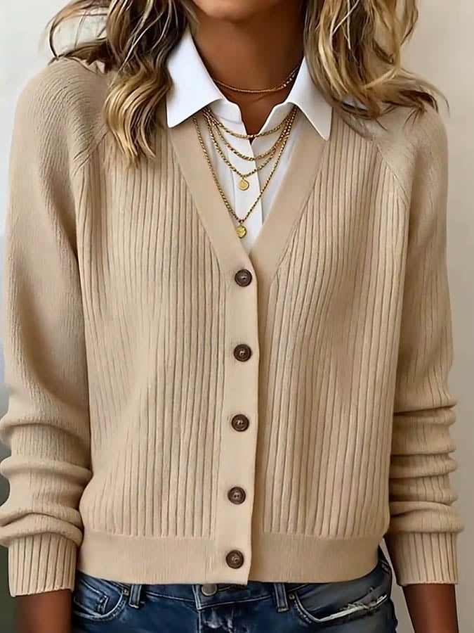 Women'S Solid Color Lapel Long-Sleeved Knitted Sweater Fake Two-Piece Coat