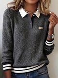 Women'S Contrast Lapel Long-Sleeved Knitted Sweater