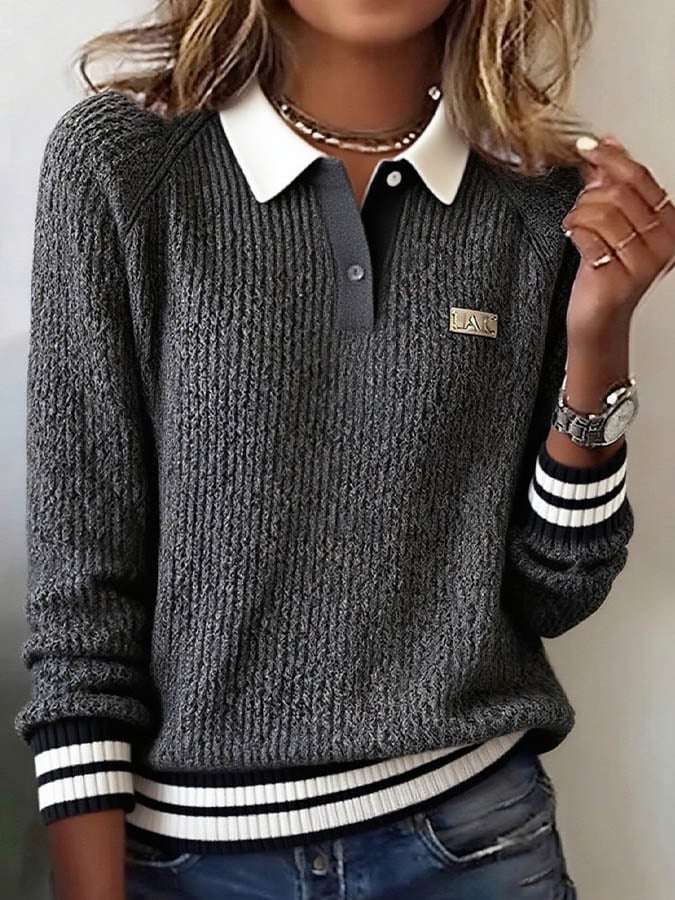Women'S Contrast Lapel Long-Sleeved Knitted Sweater