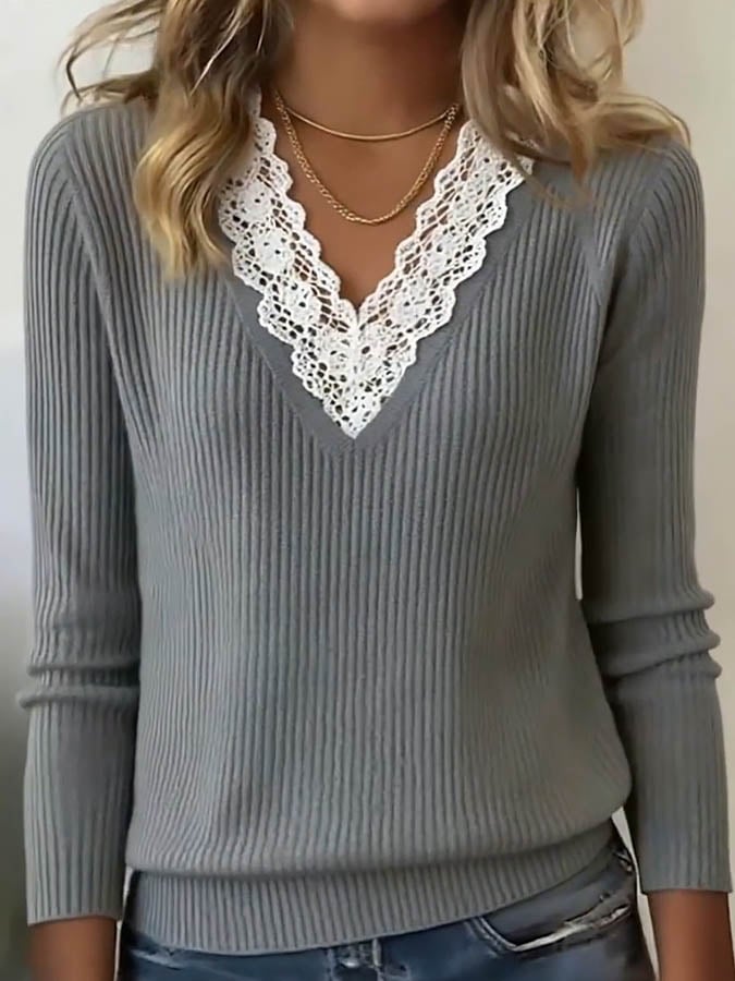Women'S V-Neck Lace Long-Sleeved Knitted Sweater