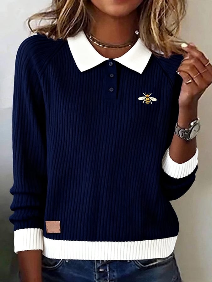 Women's Casual Lapel Contrast Color Long Sleeve Sweater