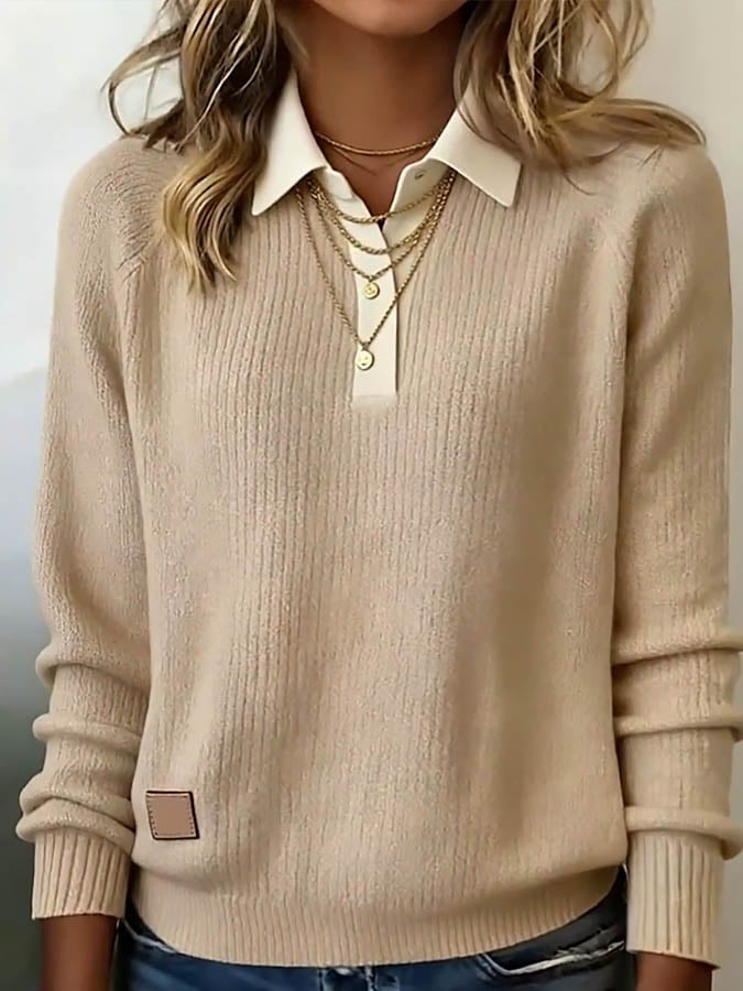 Women'S Solid Color Lapel Long Sleeve Knitted Sweater