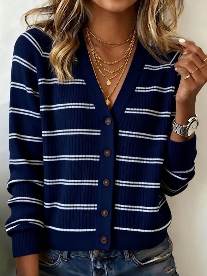 Women'S Contrast Color V-Neck Striped Long-Sleeved Knitted Sweater Jacket
