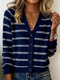 Women'S Contrast Color V-Neck Striped Long-Sleeved Knitted Sweater Jacket