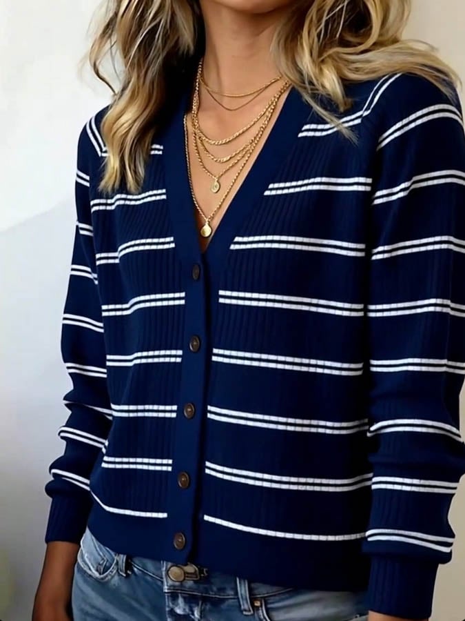Women'S Contrast Color V-Neck Striped Long-Sleeved Knitted Sweater Jacket