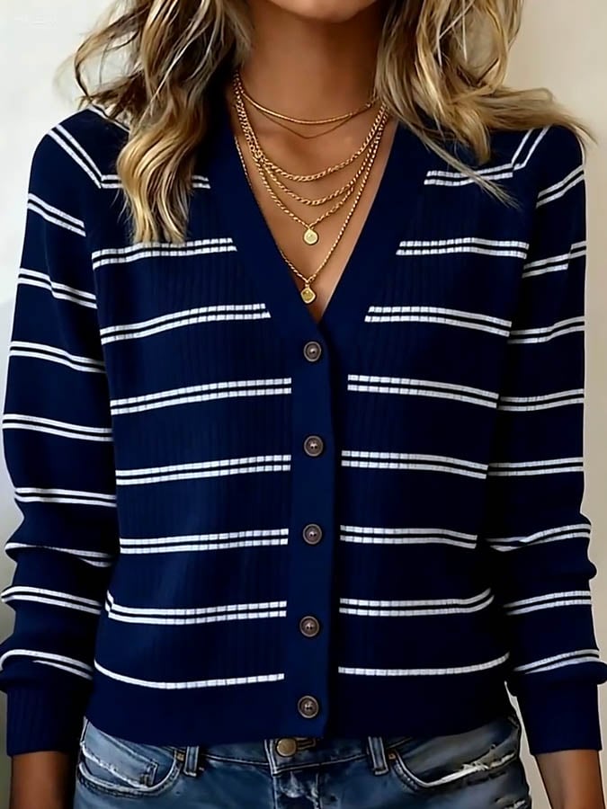 Women'S Contrast Color V-Neck Striped Long-Sleeved Knitted Sweater Jacket