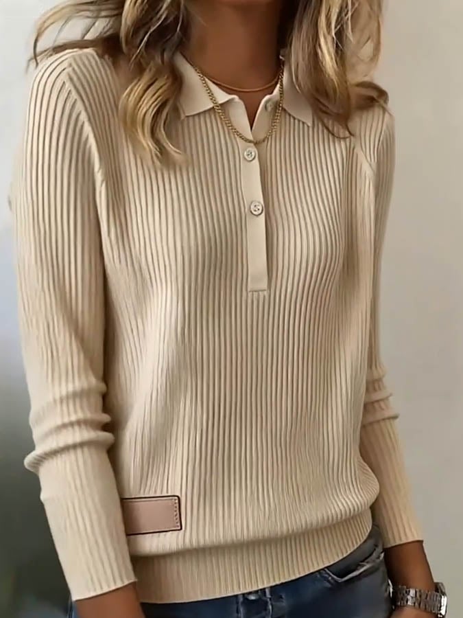 Women'S Solid Color Lapel Long Sleeve Knitted Sweater