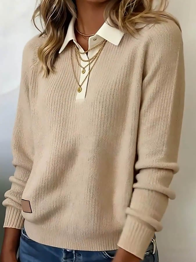 Women'S Solid Color Lapel Long Sleeve Knitted Sweater