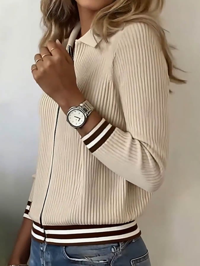 Women's Striped Print Lapel Long Sleeve Knitted Sweater Jacket