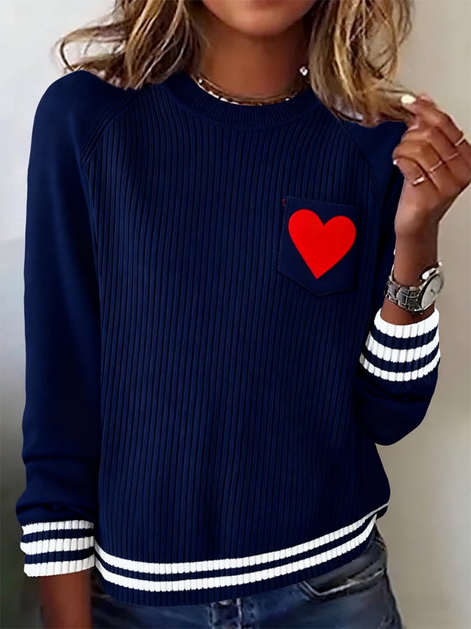 Women'S Casual Round Neck Contrast Color Long Sleeve Knitted Sweater