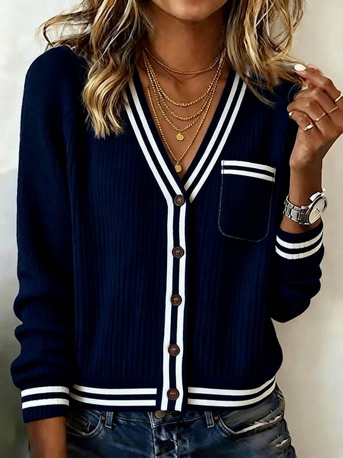 Women'S Contrast Color V-Neck Striped Long-Sleeved Knitted Sweater Jacket