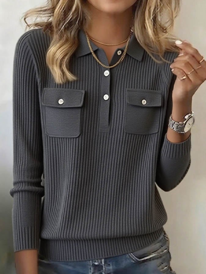 Women'S Solid Color Lapel Long Sleeve Knitted Sweater