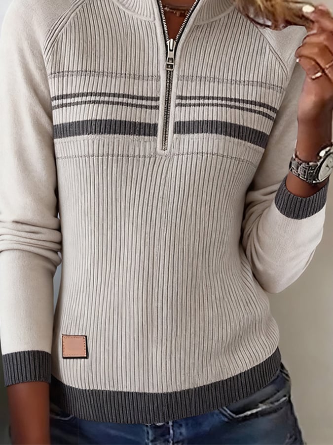 Women's Contrast Color Half Zip Long Sleeve Sweater