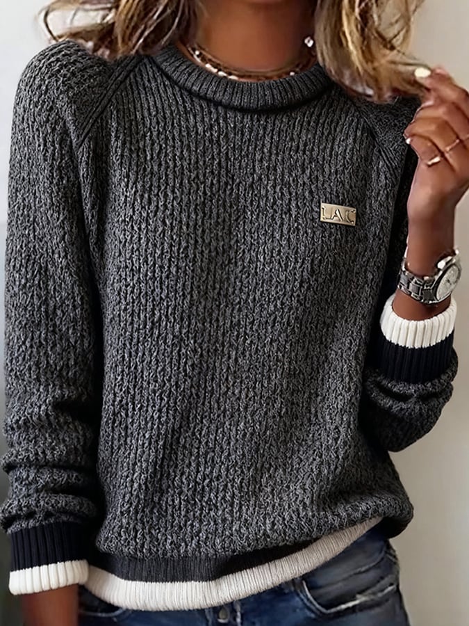 Women'S Casual Round Neck Contrast Color Long Sleeve Knitted Sweater