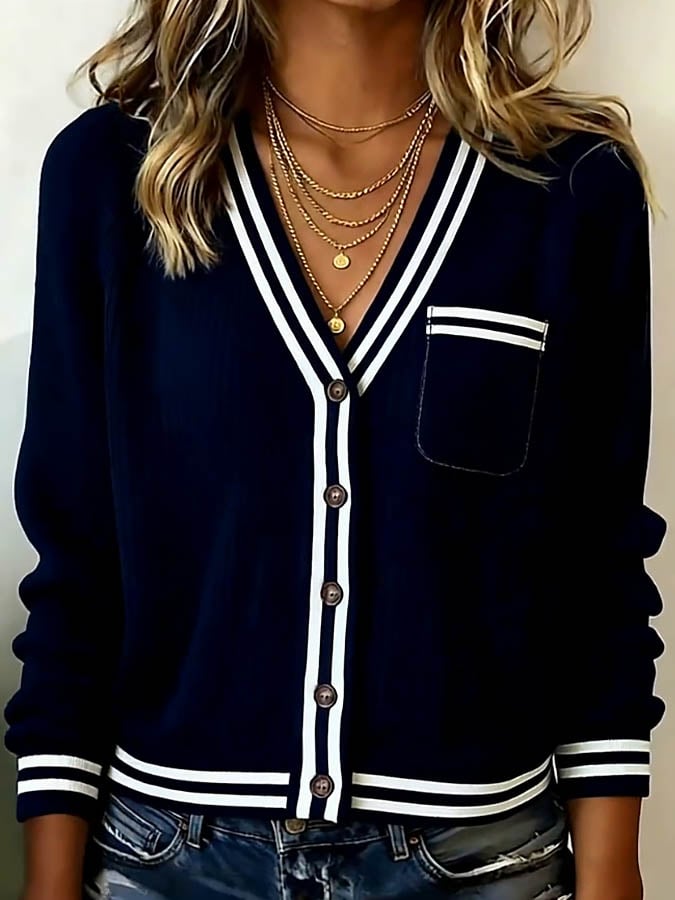 Women'S Contrast Color V-Neck Striped Long-Sleeved Knitted Sweater Jacket