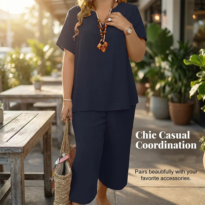 Women's Casual Short Sleeve Top & Wide Leg Pants Set